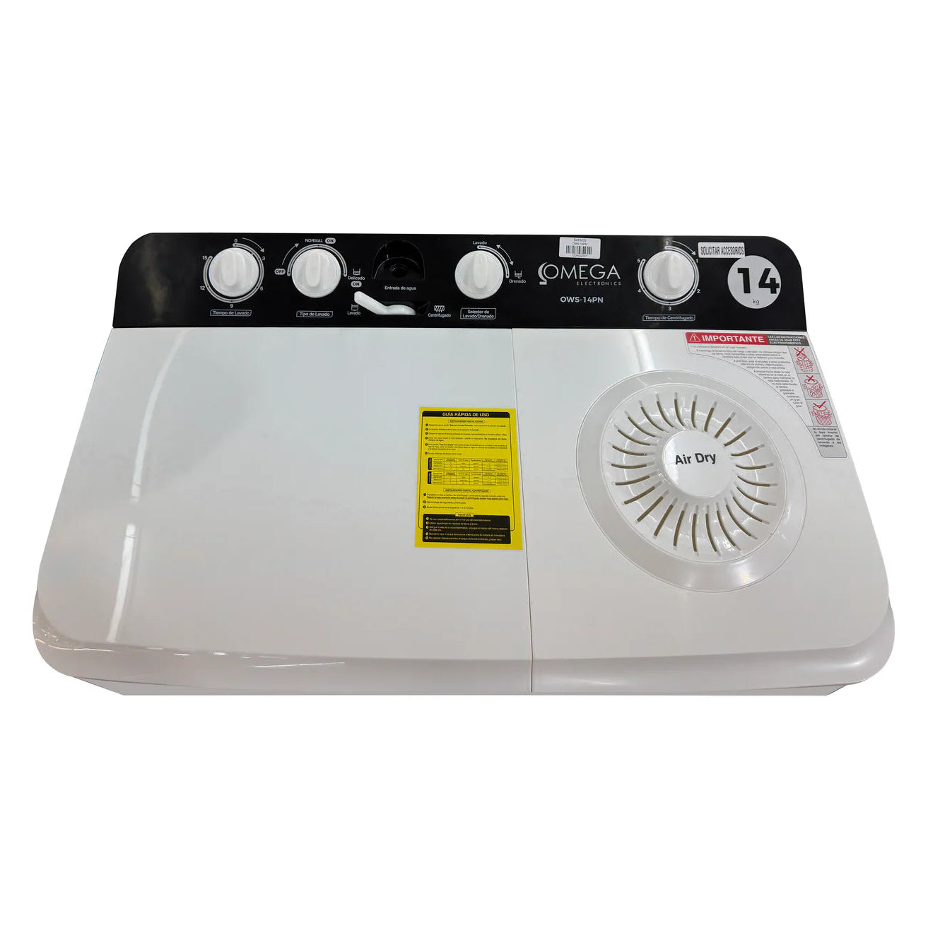 Lavadora Semiautomática Panel Negro con Tapa Blanca Omega 14KG