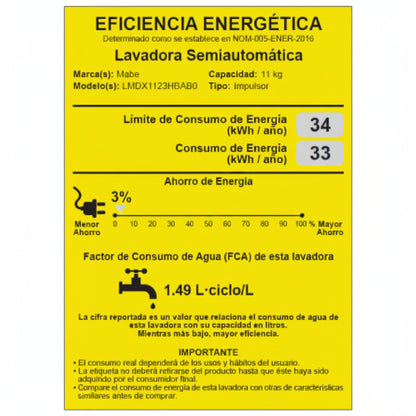 Lavadora Semiautomática 11KG Mabe